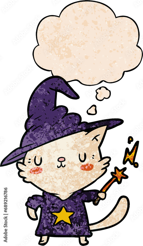cartoon cat wizard with thought bubble in grunge texture style cartoon cat wizard with thought bubble in grunge texture style