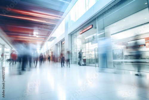 Blurred background of a modern shopping mall with some shoppers. Shoppers walking at shopping center, motion blur. Abstract motion blurred shoppers with shopping bags