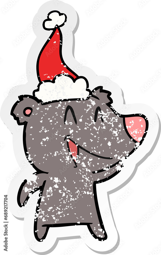 laughing bear hand drawn distressed sticker cartoon of a wearing santa hat laughing bear hand drawn distressed sticker cartoon of a wearing santa hat