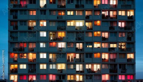 apartment panel building with lights in windows by night