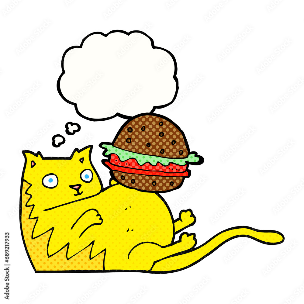freehand drawn thought bubble cartoon fat cat with burger
