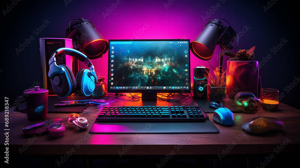 wide banner background image with gamer console workplace table with Pc computer screen and accessories in neon light effects,  - obrazy, fototapety, plakaty 