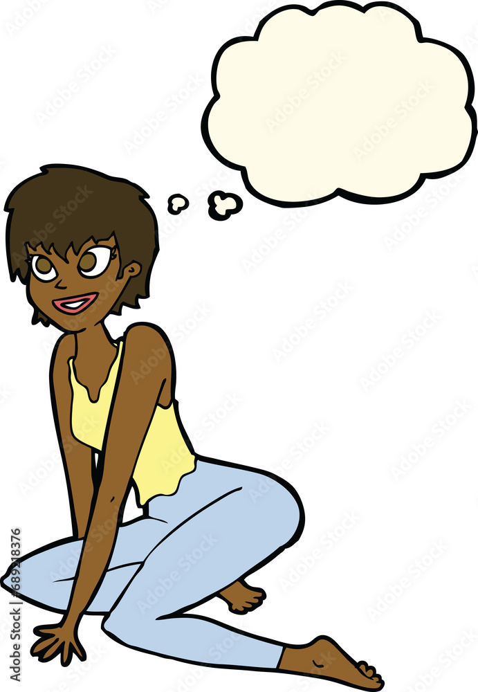 cartoon happy woman sitting on floor with thought bubble cartoon happy woman sitting on floor with thought bubble
