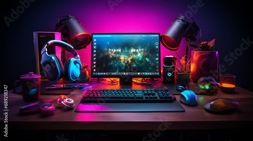 wide banner background image with gamer console workplace table with Pc computer screen and accessories in neon light effects,  photo