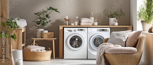 Laundry room with washing machine. Simple, modern house décor.