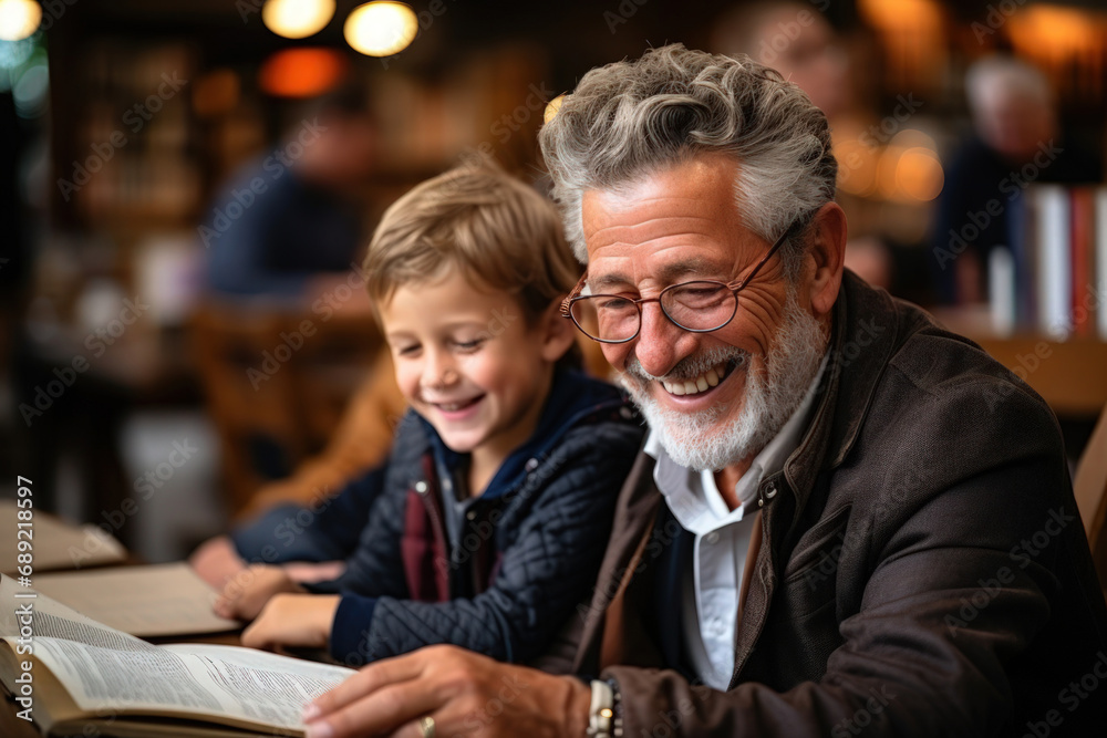 Grandfather and grandson reading book together on the Grandparents' Day Grandfather and grandson reading book together on the Grandparents' Day