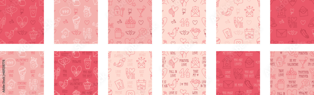 Set of Valentines Day doodle style seamless pattern, hand-drawn love theme icons and quotes background. Romantic mood cute symbols and elements collection. Set of Valentines Day doodle style seamless pattern, hand-drawn love theme icons and quotes background. Romantic mood cute symbols and elements collection.