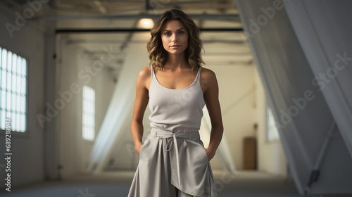Model posing in natural light studio apartment in empty loft, Smiling businesswoman standing