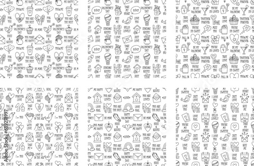 Valentines Day doodle style seamless pattern set in black and white, hand-drawn love theme icons and quotes background. Romantic mood, cute symbols and elements collection.