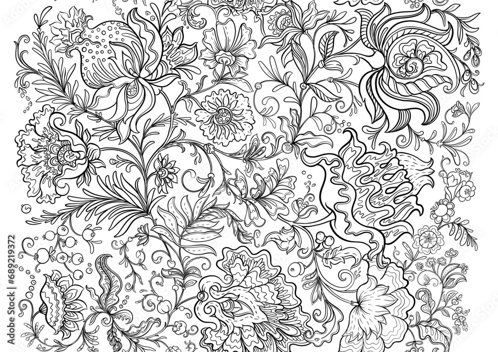 Fototapeta premium Fantasy flowers in retro, vintage, jacobean embroidery style. Seamless pattern, background. Outline, vector illustration.