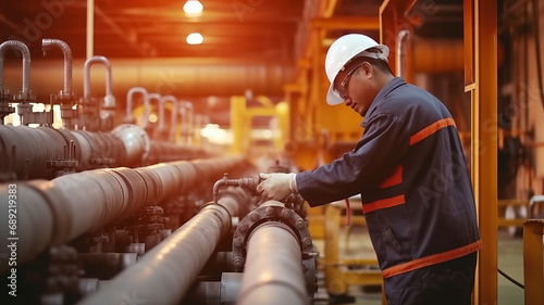 Male worker inspects steel pipes in oil refinery photo