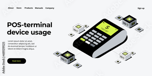Internet banking concept in isometric vector illustration. Digital payment or online money transfer service. POS terminal for contactless pay. Website banner or webpage layout template.