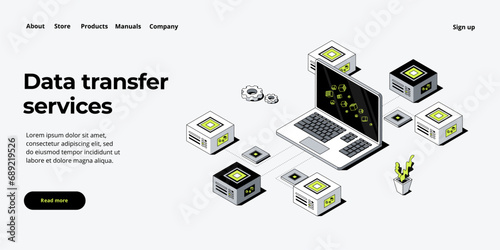 Data transfer via server isometric vector illustration. Abstract 3d datacenter or blockchain background. Network mainframe website header layout. Computer storage or farming workstation.