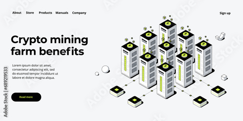 Cryptocoin mining farm layout. Cryptocurrency and blockchain network business isometric vector illustration. Crypto currency exchange or transaction process background.