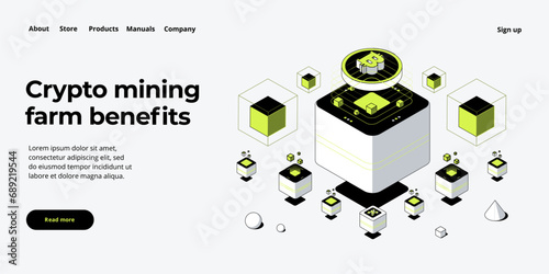 Cryptocoin mining farm layout. Cryptocurrency and blockchain network business isometric vector illustration. Crypto currency exchange or transaction process background.