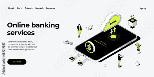 Personal online banking and internet money transaction concept in isometric vector design. Payment transfer or deposit and investment. Web banner layout template.