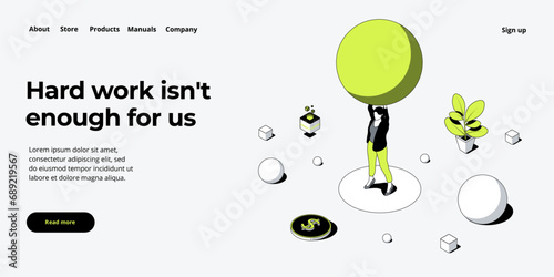 Business weight potential in isometric vector design concept. Powerful businesswoman striving and achieving corporate goal. Motivation web banner layout