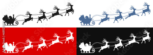 Santa Claus flying on Christmas sleigh set silhouette on different background, Christmas sleigh with reindeer – stock vector