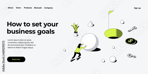 Business weight potential in isometric vector design concept. Powerful businesswoman striving and achieving corporate goal. Motivation web banner layout