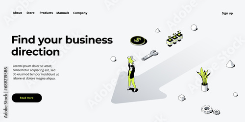 Businesswoman choosing successful direction on crossroad. Business decision challenge concept in isometric vector design. Achieving financial goal metaphor