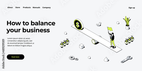 Business and life balance in isometric vector design concept. Powerful businesswoman striving and achieving corporate goal. Motivation web banner layout