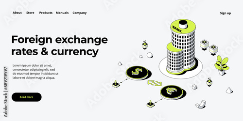 Currency exchange rates via offline bank. Online mobile banking application in isometric vector design. Money changing procedure