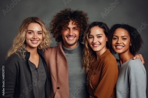 Group of friends in casual clothing, posing naturally in a studio, radiating authenticity