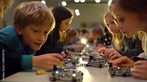 Kids focused on building robots in a school activity