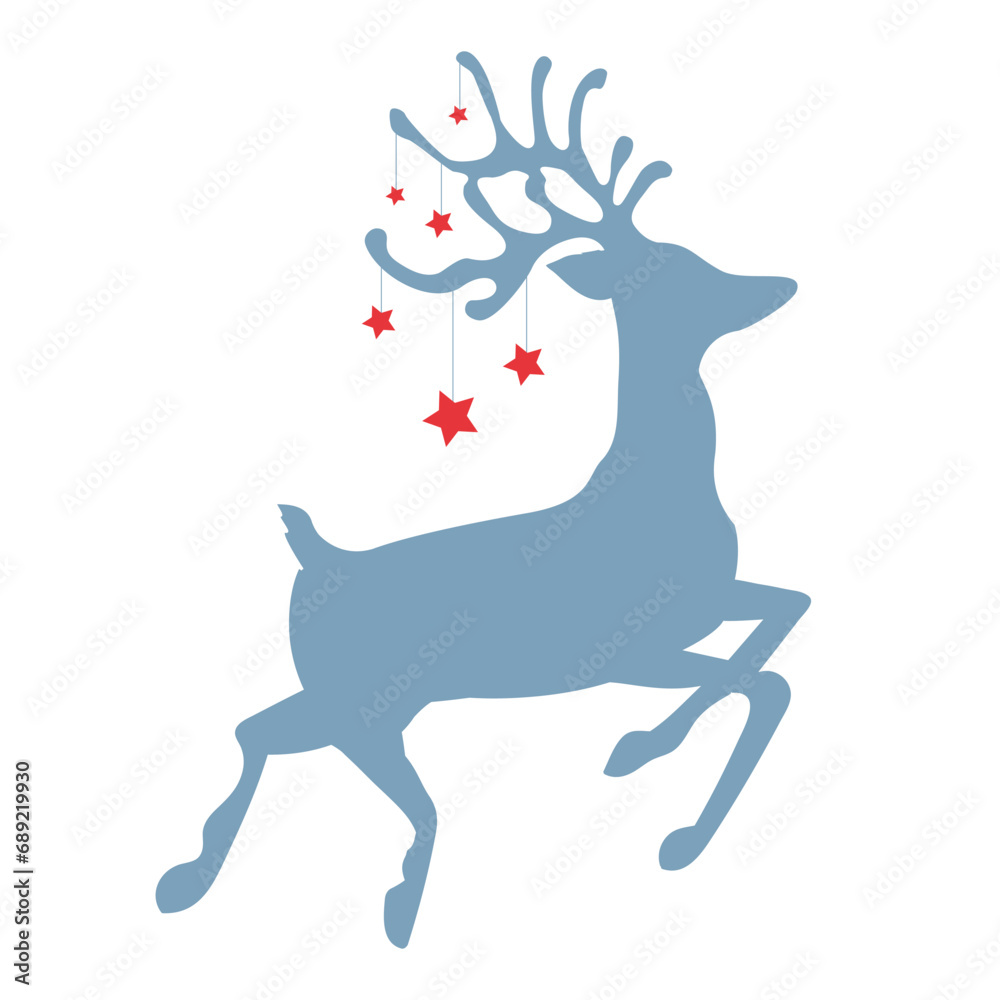 Jumping christmas deer with stars isolated, jumping reindeer silhouette - stock vector