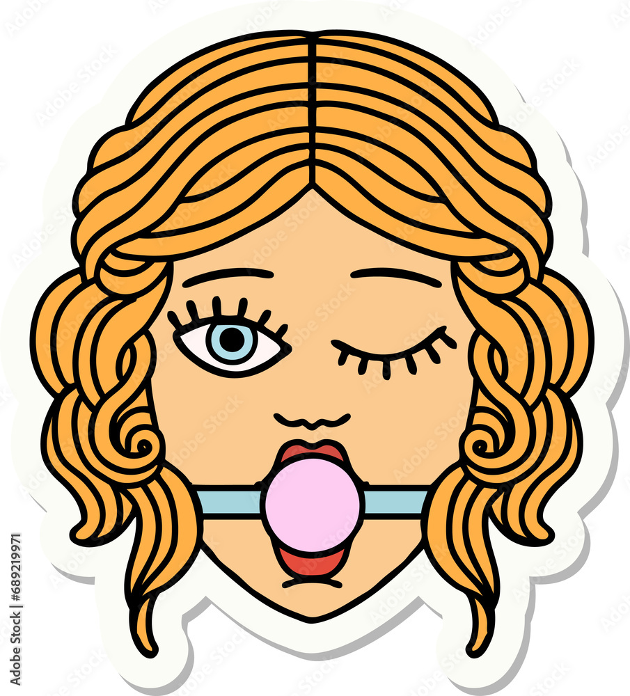 sticker of tattoo in traditional style of a winking female face wearing ball gag sticker of tattoo in traditional style of a winking female face wearing ball gag