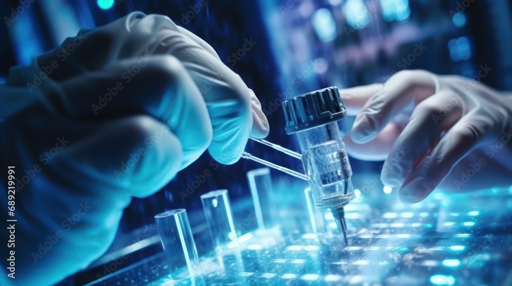 Scientist pipetting samples in futuristic lab Scientist pipetting samples in futuristic lab