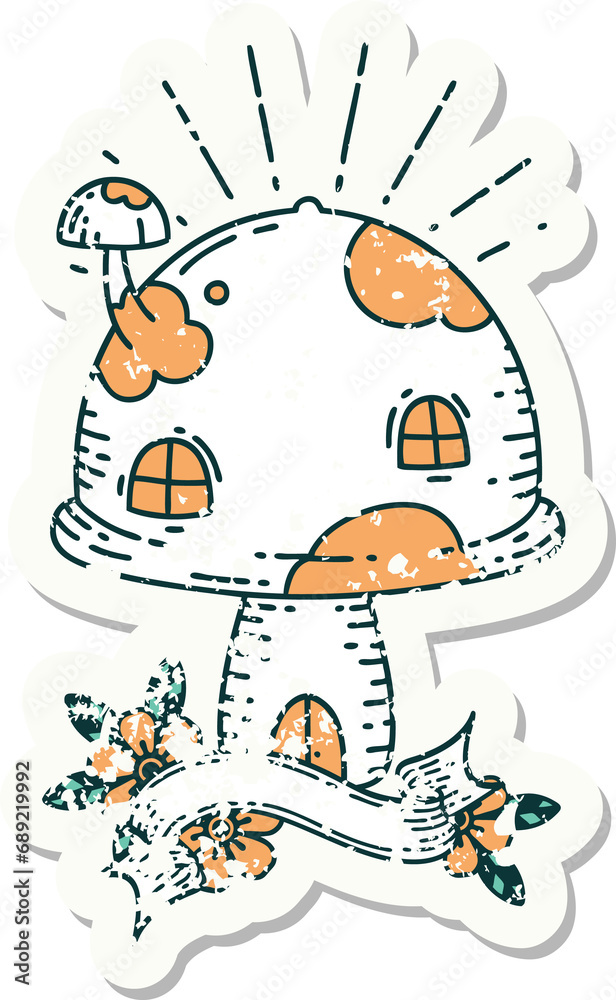 Fototapeta premium worn old sticker of a tattoo style toadstool house