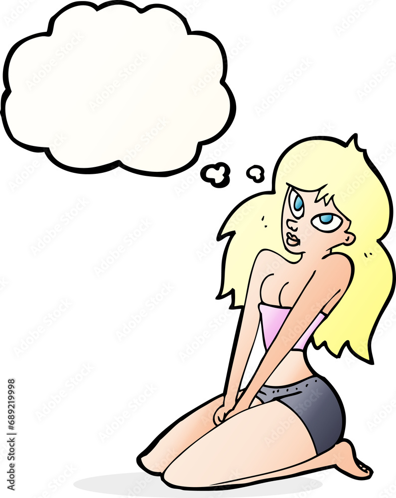 cartoon woman in skimpy clothing with thought bubble cartoon woman in skimpy clothing with thought bubble