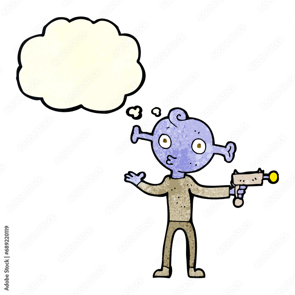 Fototapeta premium cartoon alien with ray gun with thought bubble