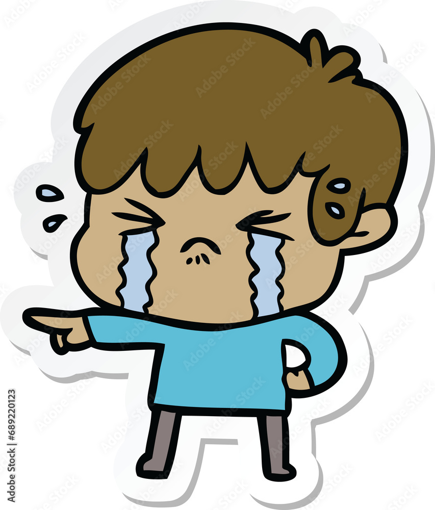 sticker of a cartoon boy crying