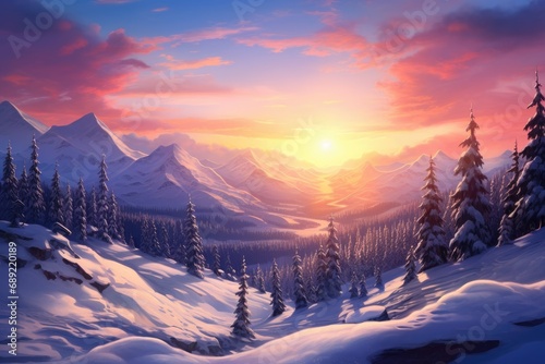 a illustration of a sunset over a snowy mountain