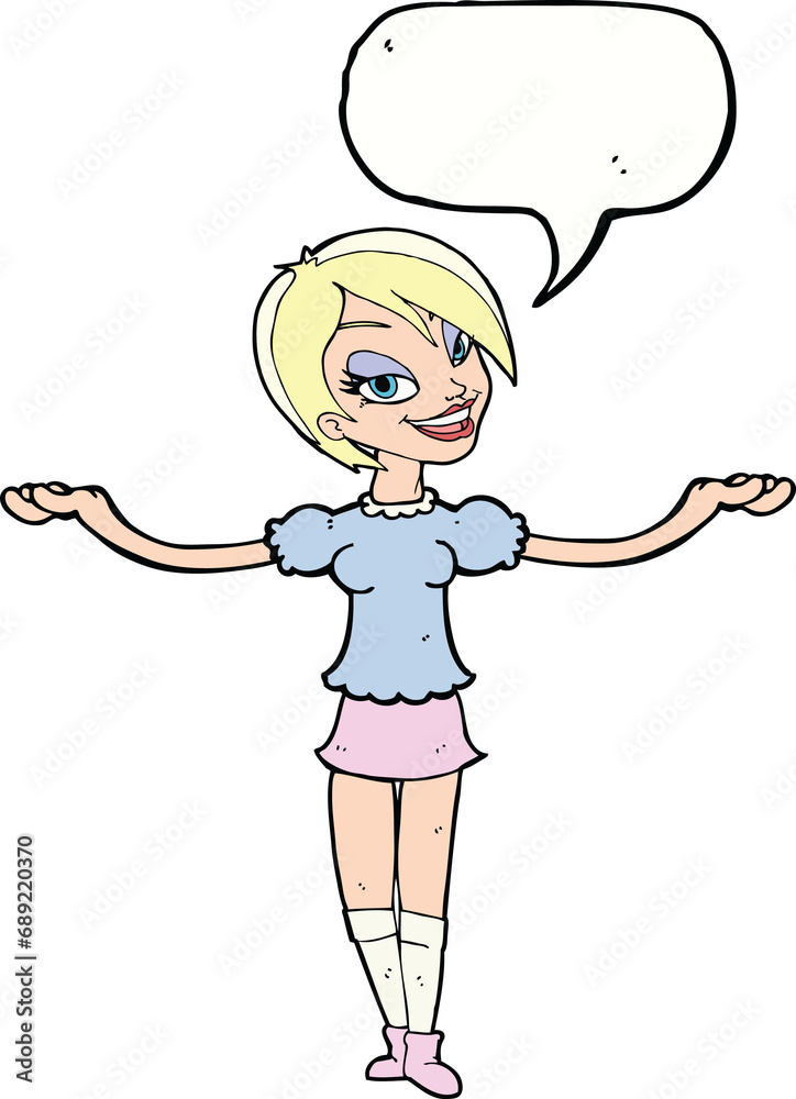 Obraz premium cartoon woman making open arm gesture with speech bubble