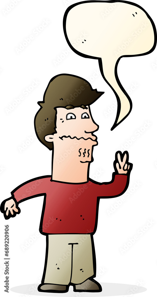 cartoon man giving peace sign with speech bubble