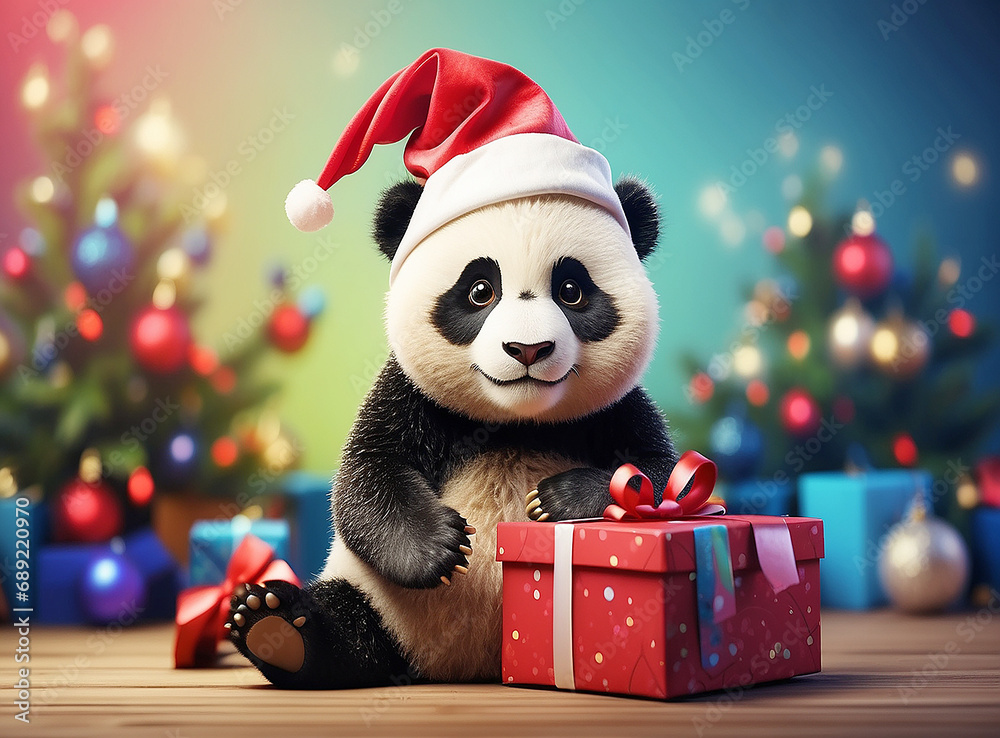 christmas funny panda with gift box 