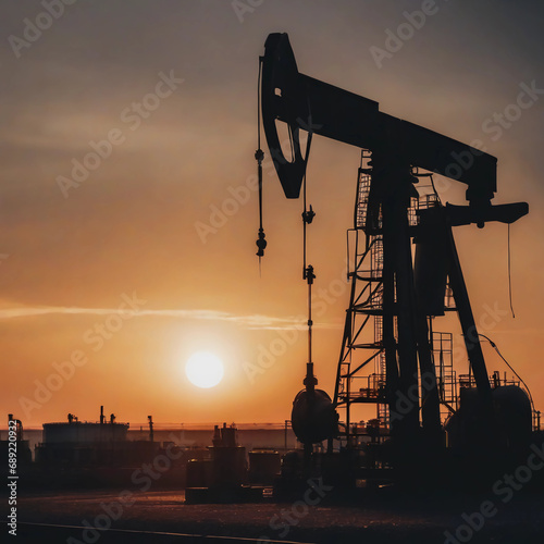 Oil rig at sunset, production, silhouette 