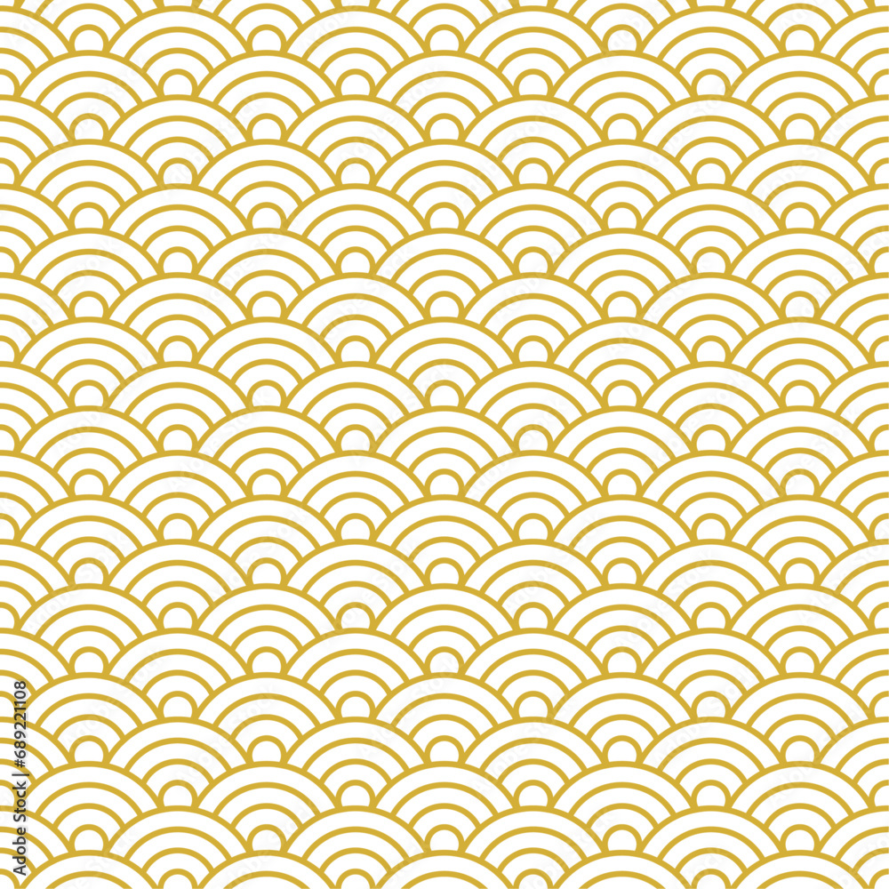 Japanese wave seamless pattern, overlapping circle ocean waves repeating texture in gold and white color abstract background. Vector illustration. Japanese wave seamless pattern, overlapping circle ocean waves repeating texture in gold and white color abstract background. Vector illustration.