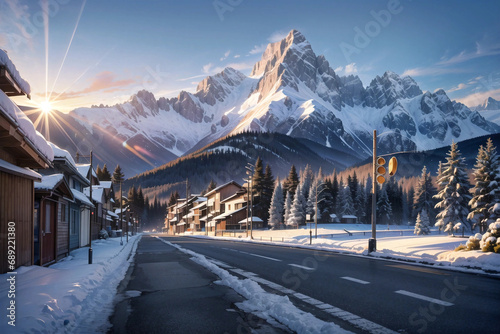 street to winter mountain nature landscape illust