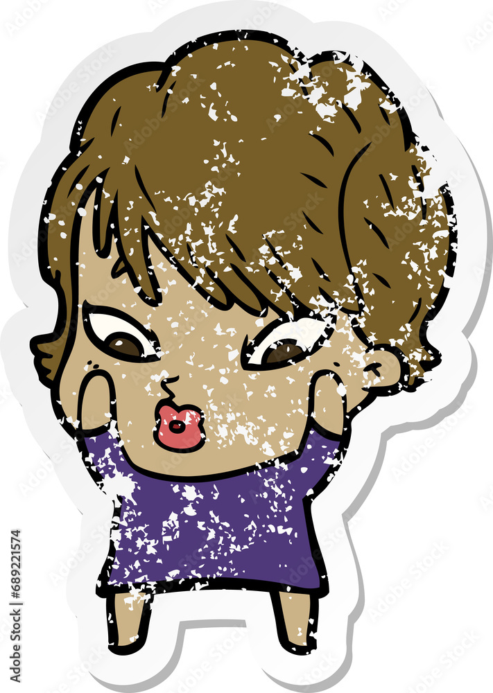 distressed sticker of a cartoon woman distressed sticker of a cartoon woman