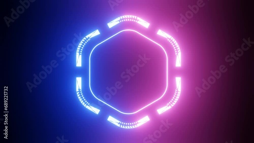  Abstract background with Dancing techno blue and pink light hexagon with Light Lines Moving Fast. Futuristic hexagon neon with groovy disco wave.Seamless loop. Moving glowing neon lights disco party