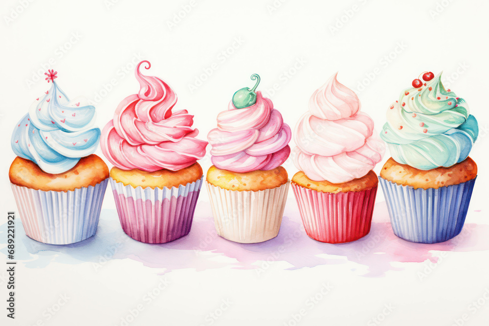 Sweet background cakes cupcakes food chocolate birthday cream illustration bakery cherry watercolor dessert