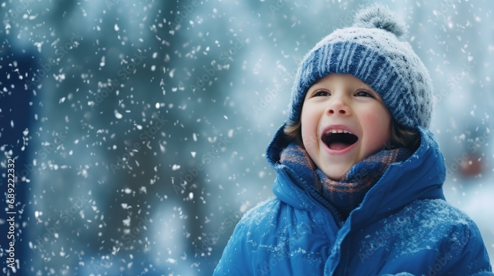 Funny excited little boy in blue winter clothes walks during a snowfall. Funny excited little boy in blue winter clothes walks during a snowfall.