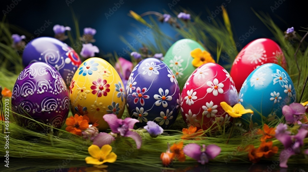 Captivating high-definition image featuring Easter eggs delicately decorated with flowers, arranged in the vibrant grass, capturing the spirit of spring Captivating high-definition image featuring Easter eggs delicately decorated with flowers, arranged in the vibrant grass, capturing the spirit of spring