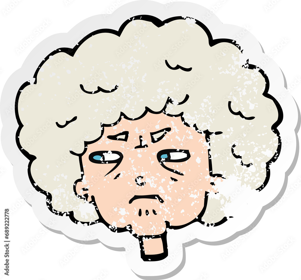 retro distressed sticker of a cartoon bitter old woman retro distressed sticker of a cartoon bitter old woman