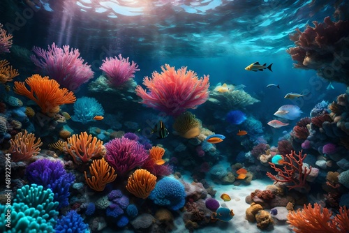  an underwater wonderland, bursting with vibrant marine life, and iridescent coral reefs.