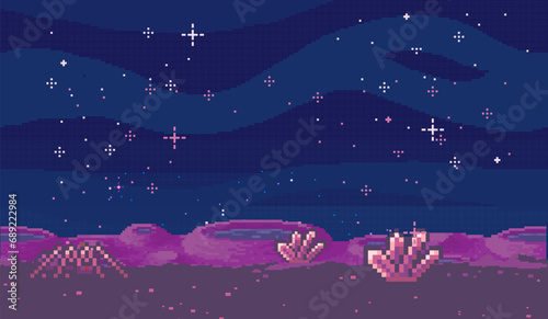 Space game. Vector illustration. The videogame invites players to embark on pixelated journey through cosmic realms Exploring galaxy area in game feels like venturing into unknown depths space